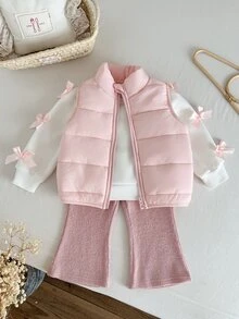 SHEIN Vintaside Kids 3件組幼女背心上衣與長褲套裝，可愛甜美粉色白色蝴蝶結羅紋加厚長袖圓領，冬季秋季保暖舒適公主風毛絨度假派對裝 - 粉色 - 查看 6