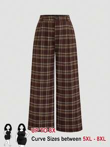 SHEIN CURVE+ Plus Size Women's Brown Plaid Minimalist Versatile Wide Leg Long Pants - Brown - View 1