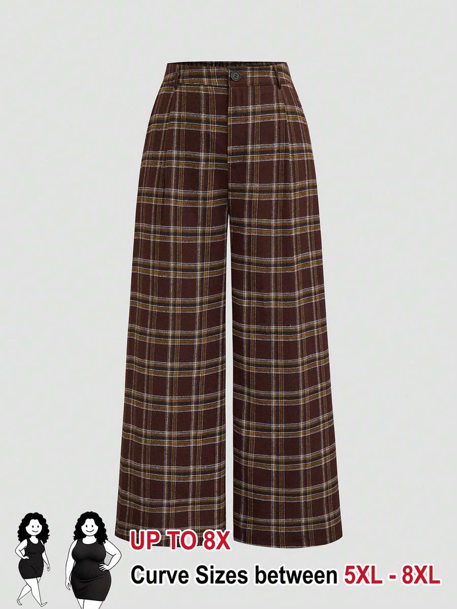 SHEIN CURVE+ Plus Size Women's Brown Plaid Minimalist Versatile Wide Leg Long Pants - Brown - View 1
