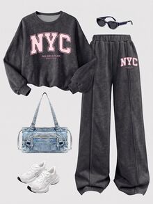 街頭風雪花深灰色，時尚運動風粉色拼色 NYC 字母圖案印花，女童大童休閒柔軟舒適寬鬆圓領套頭運動衫與寬腿褲運動套裝，適合秋冬日常、運動、街頭、休閒、校園時尚、舒適氛圍 - 彩色 - 查看 2