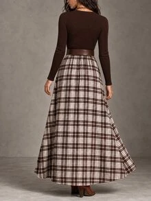 LUMIGAL Women's V-Neck Knit Brown Patchwork Plaid A-Line Chic Casual Commute Elegant Elegant Mid-Length Pocket Dress, Suitable For Spring, Summer, Autumn, Winter, All Seasons - Multicolor - View 2
