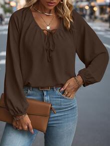 SHEIN Clasi قميص نسائي مقاس كبير بلون موحد كاجوال متعدد الاستخدامات للارتداء اليومي - شوكولاته بني - مشاهدة 1