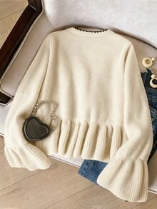 GlowEve CURVE Plus Size Casual Romantic Color Block Trim Tie Bow Ruffle Hem Flare Sleeve Knit Cardigan Elegant Sweater Fall Formal Black And White Winter - Apricot - View 6