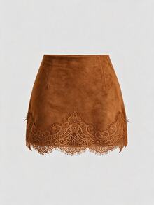 SHEIN Franclia 女款蕾絲拼接時尚百搭日常穿著裙 - 棕色 - 查看 3
