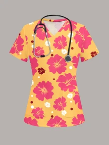 PopScrub Women's Contrast Color Floral Print Short Sleeve Scrub Uniform Top - Multicolor - View 1