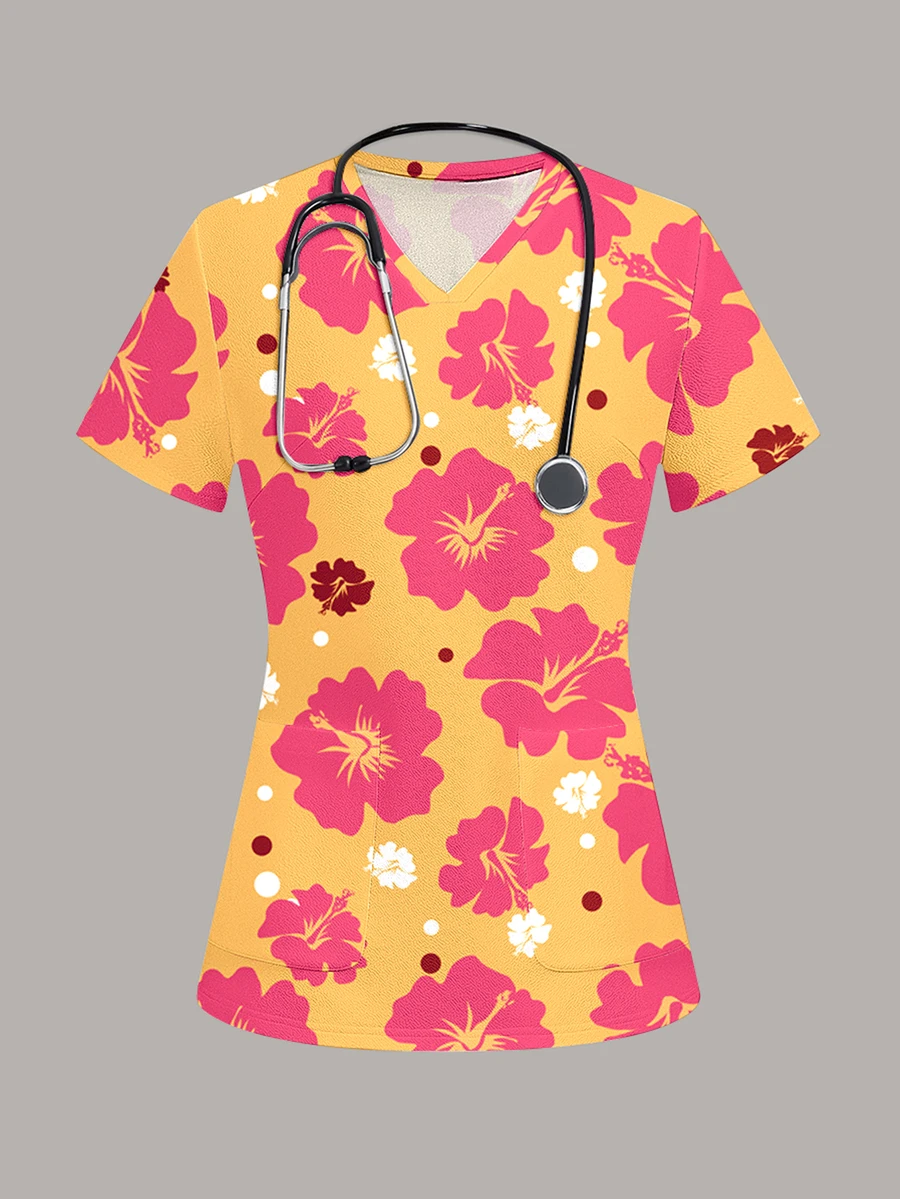 PopScrub Women's Contrast Color Floral Print Short Sleeve Scrub Uniform ...
