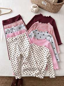 SHEIN LMoss Kids Baby Girl Knit Solid Color Polka Dot Striped Heart Pattern Ruffle Trim T-Shirt And Long Pants 10pcs -Piece Set - Burgundy - View 2