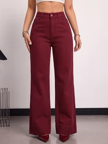 SHEIN Tall 女款高腰直筒寬鬆休閒百搭牛仔褲 - 酒紅色 - 查看 4