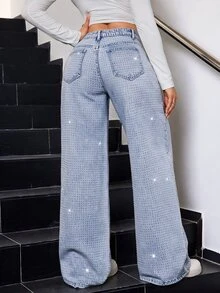 SHEIN Tall 女款休閒水鑽設計口袋直筒牛仔褲 - 淺色水洗藍 - 查看 4