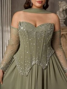 Aureia Plus Size Women's Rhinestone Decorated 3D Boning Asymmetrical Hem Mesh Patchwork Formal Evening Gown (Heavy Embellishment Style) - Olive Green - View 5