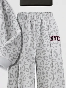 甜酷黑灰粉配色時尚豹紋運動對比色字母NYC圖案女嬰休閒套裝，柔軟舒適寬鬆圓領套頭衛衣搭配寬腿長褲，適合秋冬日常、運動、街頭穿搭，甜酷慵懶隨性美式高街開學季風格 - 彩色 - 查看 8