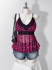 SHEIN ICON Women's Plus Size Y2K Millennium Style Contrast Lace Leopard Print Camisole Tank Top - Hot Pink - View 4