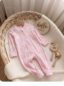 SHEIN 新生兒嬰兒全身印花可愛連身衣家居服 - 粉色 - 查看 4