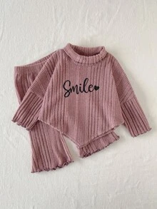 SHEIN Playful Pals 2件組幼女毛衣＋喇叭褲，甜美藕紫色羅紋針織荷葉邊微笑圖案，長袖半高領，休閒款，適合假日秋季，公主芭蕾風，舒適時尚 - 粉色 - 查看 4