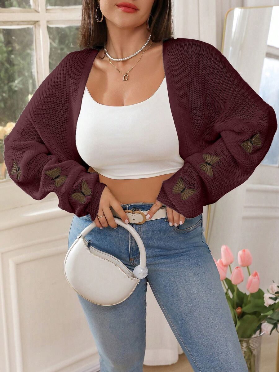 Linhara CURVE Women Plus Size Solid Color Knitted Butterfly Embroidery Short Cardigan, Fashionable And Versatile For Autumn/Winter Fall Cloth For Women - Burgundy - View 1