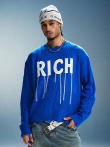 PAVTROS Men's Letter Print Long Sleeve Knit Top Rave Club Fall Streetwear - Blue - View 3