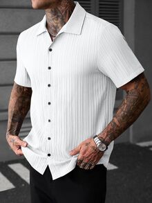 Manfinity CasualCool 男士休閒純色短袖單排扣襯衫，街頭風，夏季，正式 - 白色 - 查看 3
