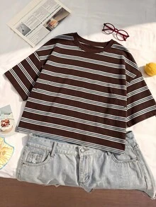 Comfortcana Áo thun size lớn phong cách vintage phối màu sọc color block, thời trang đường phố thường ngày - Nhiều màu - Xem 5
