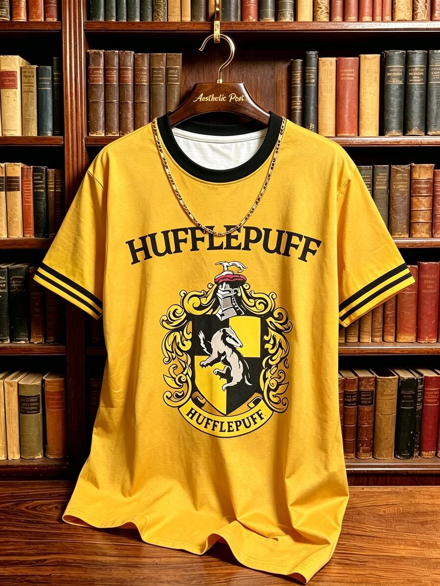 HARRY POTTER X SHEIN Manfinity Campus Court 男士圓領字母印花休閒日常短袖T恤 - 彩色 - 查看 1