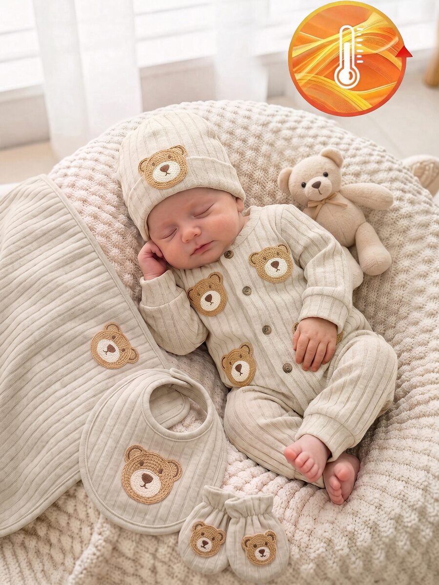 SHEIN Newborn Baby Cartoon Pattern Casual Daily Outing Jumpsuit - Khaki - View 1
