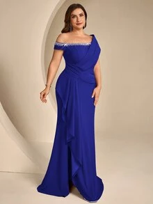 Coutiva Plus Size Women's Rhinestone Decorated Asymmetric Neckline Elegant Formal Evening Gown (Heavy Workmanship) - Royal Blue - View 4
