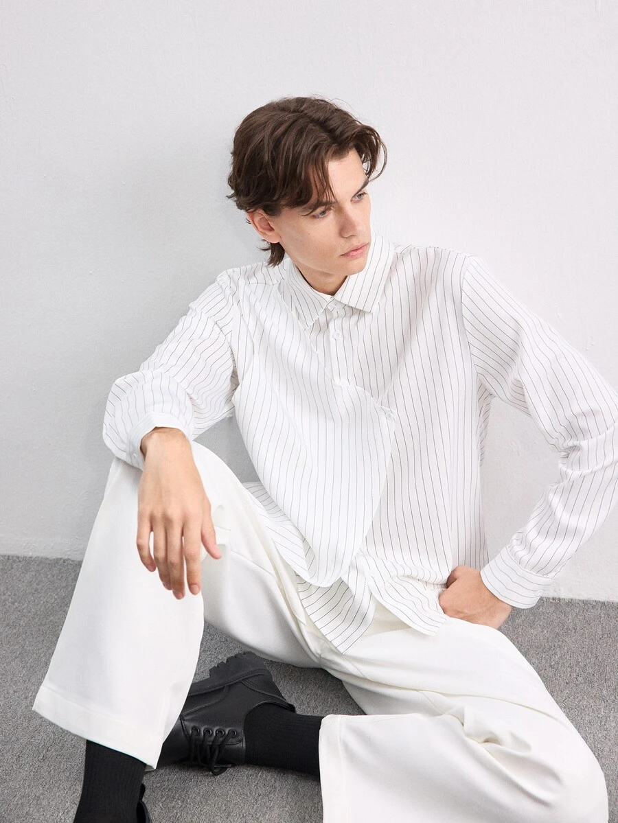 RONVEXI Men's Minimalist Striped Button-Up Shirt With Asymmetrical Hem - White - View 1