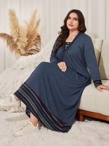 Lacomfia Plus Size Women's Loose Casual A-Line V-Neck Long Sleeve Patchwork Collar Cuff Hem Long Dress, Autumn - Navy Blue - View 1