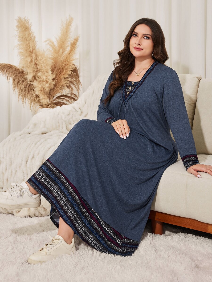 Lacomfia Plus Size Women's Loose Casual A-Line V-Neck Long Sleeve Patchwork Collar Cuff Hem Long Dress, Autumn - Navy Blue - View 1