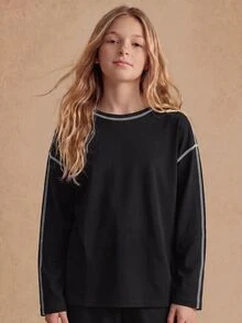 SHEIN 青少年女孩長袖黑色純棉T恤，100%純棉材質，高克重秋冬百搭新款休閒內搭T恤，時尚寬鬆休閒風，新針織設計，開學季秋冬百搭內層熱銷款 - 黑色 - 查看 2