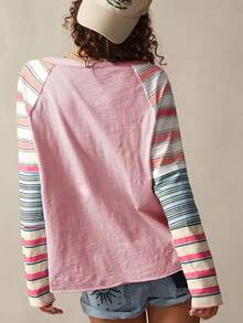 Breezaya 女款基礎款秋季條紋長袖圓領休閒上衣 T-shirt，適合日常街頭穿搭 - 彩色 - 查看 2
