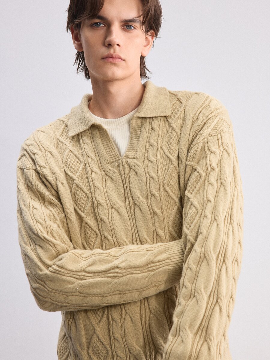 RONVEXI Men's Casual V-Neck Collared Long Sleeve Sweater, Fall/Winter Unisex Style, Couple Outfit, Best Holiday Gift - Apricot - View 1