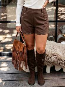Nubod Plus Size Women's Casual Fashion Vacation Style Brown Cut-Out Waist Shorts With Side Pockets, Heavy Rivet Decor And A-Line Hem - Brown - View 4