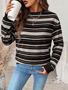 SHEIN LUNE Women's Round Neck Striped Contrast Color Long Sleeve Sweatshirt Suitable For Autumn/Winter - White - View 5