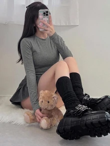 DAZY 女款夏季小立領長袖修身交叉領性感休閒百搭打底T恤 - 深灰色 - 查看 3