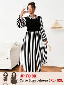 SHEIN CURVE+ Plus Size Casual Minimalist Striped Mixed Material Patchwork Knit Textured Commute & Outing Design Dress Fall - Multicolor - View 1