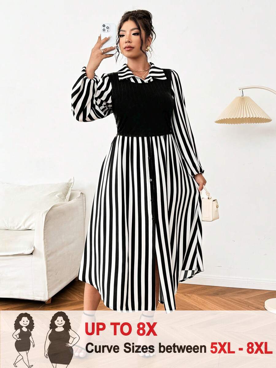 SHEIN CURVE+ Plus Size Casual Minimalist Striped Mixed Material Patchwork Knit Textured Commute & Outing Design Dress Fall - Multicolor - View 1