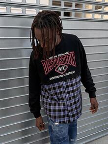 ROMWE MEN Men's Fashion Patchwork Blue & Purple Plaid 2 In 1 Long Sleeve Pullover T-Shirt - Black - View 1
