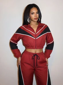 Slaydiva Women's Wine Red Black Color Block Piping Cropped Jacket Long Sleeve Zip Up Collar High Waist Wide Leg Pants Two Pieces Set Casual - Multicolor - View 5
