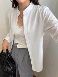 DAZY 女款素色單排扣長袖商務襯衫 - 白色 - 查看 4