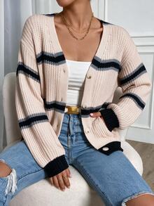 Flirla Women's Vintage Button Striped Contrast Color Knit Cardigan - Multicolor - View 7