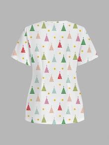 PopScrub Casual Minimalist Scrub Uniform Top Christmas Tree Loose Fit Holiday V-Neck Top - Multicolor - View 2