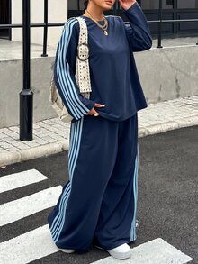 Muchica 大尺碼女款側條紋運動衫與運動長褲休閒兩件套 秋季 - 藏蓝色 - 查看 4