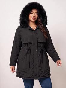 Enliva Plus Size Women's Faux Fur Hooded Water-Resistant Padded Coat Drawstring Waist Mid Length Warm Outerwear Flattering Compatible With Apple Shape Rounded Body - Black - View 4