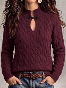 Wandoria Sweater Rajut Lengan Panjang Wanita Terbaru Musim Gugur, Model Satu Potong, Kerah Semi-Tinggi, Kancing Ruyi, Motif Tali Rami Klasik, Potongan Pas Badan, Serbaguna, Modis untuk Sehari-hari, Unik, dan Personal. - Burgundy - View 4