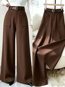 GlowEve CURVE Celana Panjang Wanita Ukuran Besar Musim Gugur/Dingin, Kasual, Sehari-hari, Serbaguna, Warna Cokelat - Coklat - View 3