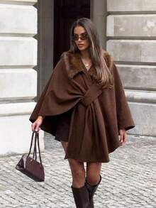 Aloruh Women's Elegant Fashionable Cape Style Dark Coffee Overcoat - Brown - View 2