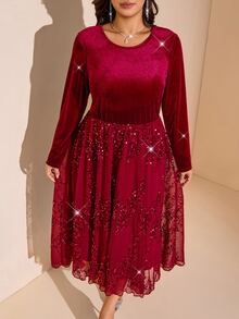 Comfylo Plus Size Elegant Sequin Soft Long Sleeve Evening Dress - Red - View 7