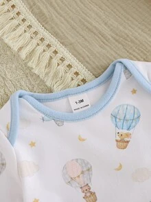 Cozy Pixies 新生兒嬰兒水彩卡通動物熱氣球圖案 溫暖優雅拼色長袖上衣與長褲家居服 - 藍色 - 查看 4