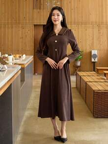 DAZY Women's Slim Fit Elegant Corduroy Mid-Length Dress - Brown - View 8