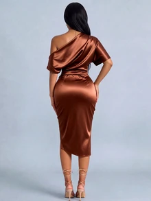 SOLERSUN Tall Women's All-Season Elegant Brown Satin Asymmetrical Shoulder Ruched Bodycon Midi Dress For Party, Gathering And Commute - Brown - View 2